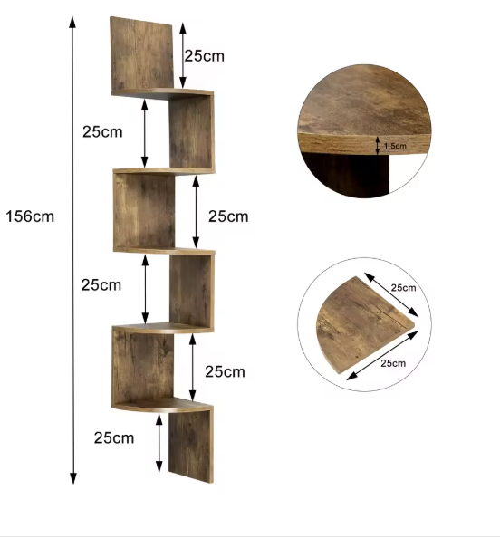 Zigzag Hoekwandplank – 5-Laags Zwevende Wandplank 25×25×156 cm, Wit & Zwart