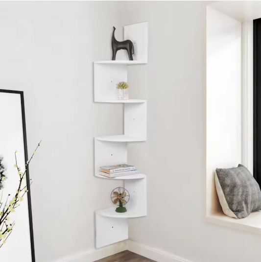 Zigzag Hoekwandplank – 5-Laags Zwevende Wandplank 25×25×156 cm, Wit & Zwart