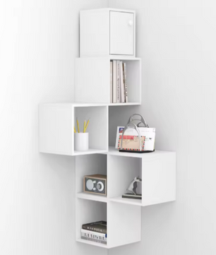 Witte Wandplank Kubus – 6-Vaks Zwevende Boekenkast 48×120×48 cm, Moderne Hoekplank