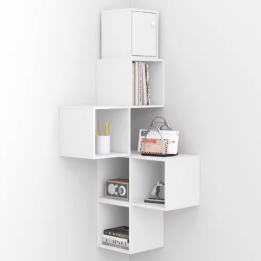 Witte Wandplank Kubus – 6-Vaks Zwevende Boekenkast 48×120×48 cm, Moderne Hoekplank