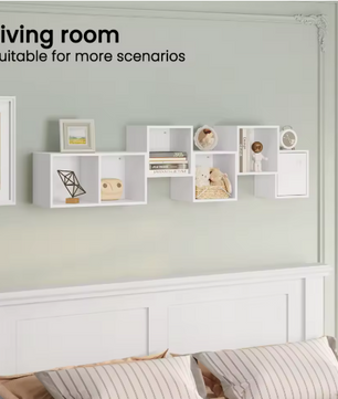 Witte Wandplank Kubus – 6-Vaks Zwevende Boekenkast 48×120×48 cm, Moderne Hoekplank