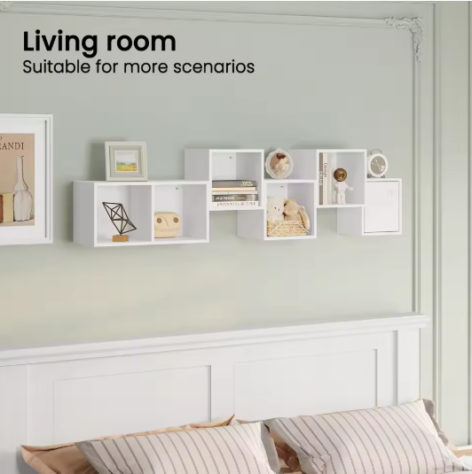 Witte Wandplank Kubus – 6-Vaks Zwevende Boekenkast 48×120×48 cm, Moderne Hoekplank