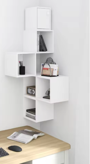 Witte Wandplank Kubus – 6-Vaks Zwevende Boekenkast 48×120×48 cm, Moderne Hoekplank