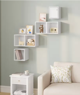 Witte Wandplank Kubus – 6-Vaks Zwevende Boekenkast 48×120×48 cm, Moderne Hoekplank