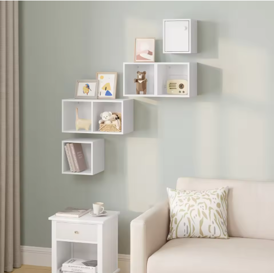 Witte Wandplank Kubus – 6-Vaks Zwevende Boekenkast 48×120×48 cm, Moderne Hoekplank