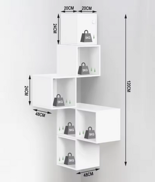 Witte Wandplank Kubus – 6-Vaks Zwevende Boekenkast 48×120×48 cm, Moderne Hoekplank