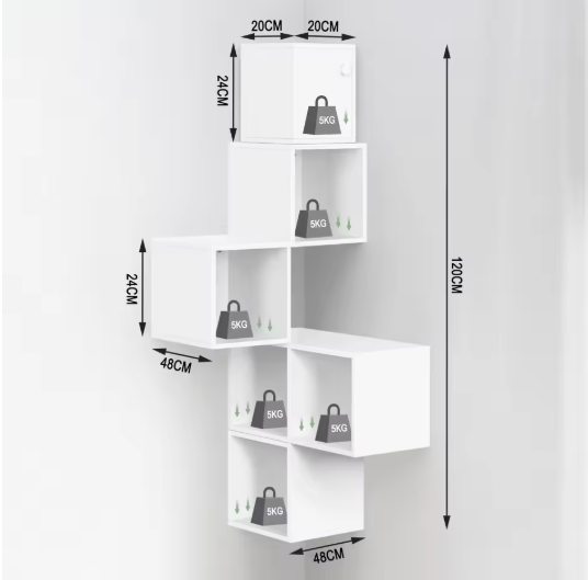 Witte Wandplank Kubus – 6-Vaks Zwevende Boekenkast 48×120×48 cm, Moderne Hoekplank
