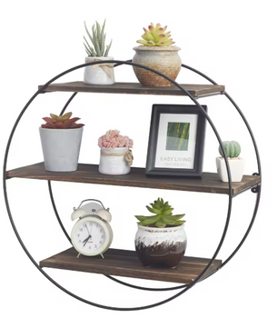 Ronde Wandplank met 3 Lagen – Hout & Metaal, Zwevend Wandrek