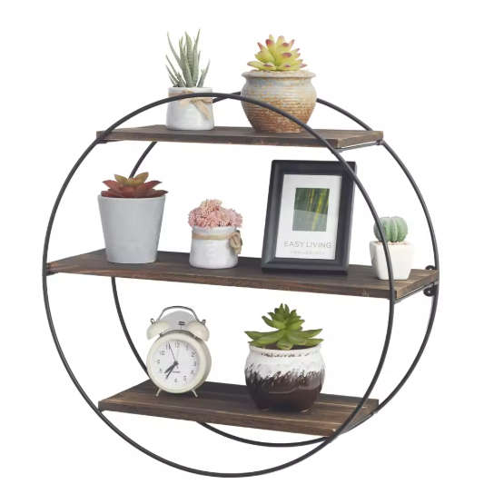 Ronde Wandplank met 3 Lagen – Hout & Metaal, Zwevend Wandrek