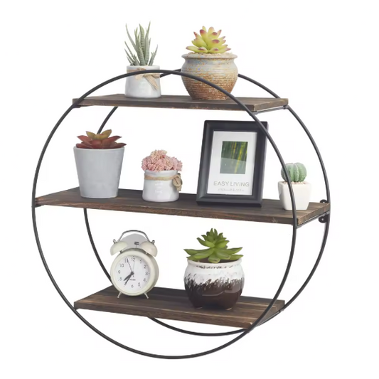 Ronde Wandplank met 3 Lagen – Hout & Metaal, Zwevend Wandrek