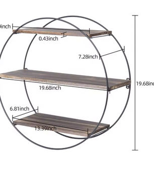 Ronde Wandplank met 3 Lagen – Hout & Metaal, Zwevend Wandrek