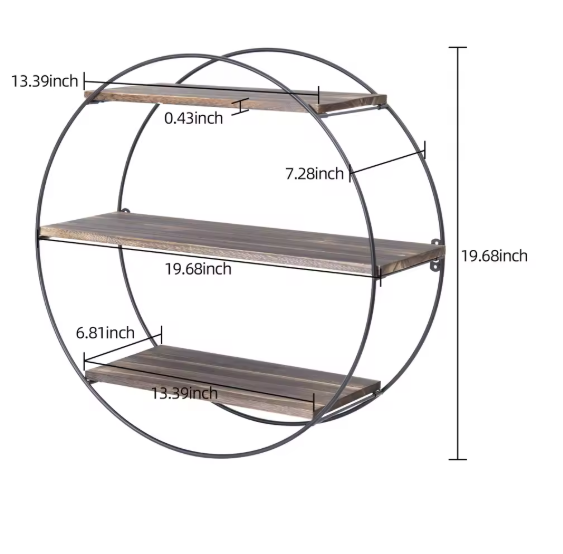 Ronde Wandplank met 3 Lagen – Hout & Metaal, Zwevend Wandrek