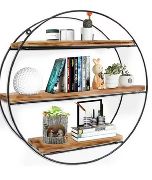 Ronde Wandplank met 3 Lagen – Hout & Metaal, Zwevend Wandrek