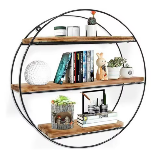 Ronde Wandplank met 3 Lagen – Hout & Metaal, Zwevend Wandrek
