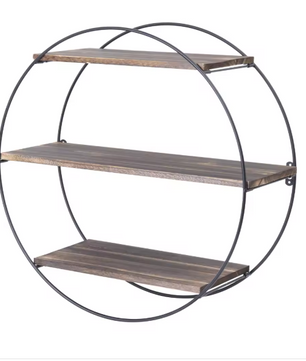 Ronde Wandplank met 3 Lagen – Hout & Metaal, Zwevend Wandrek