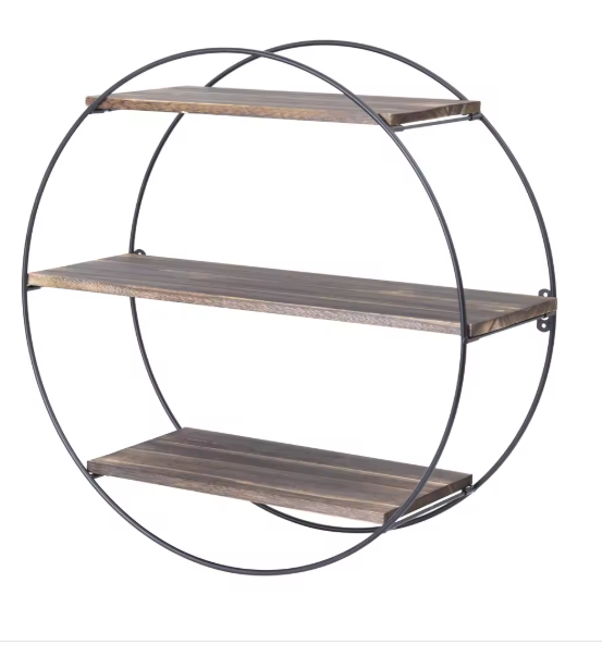 Ronde Wandplank met 3 Lagen – Hout & Metaal, Zwevend Wandrek