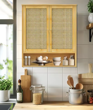 Bamboe Badkamerwandkast – Hangend Wandrek met 2 Deuren & 3 Planken