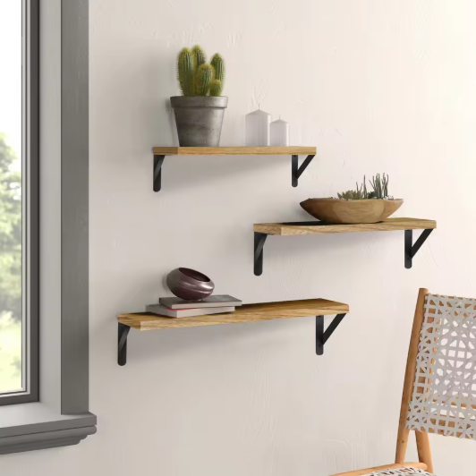 Set van 3 Zwevende Wandplanken – Hout & Metaal, Industrieel en Decoratief