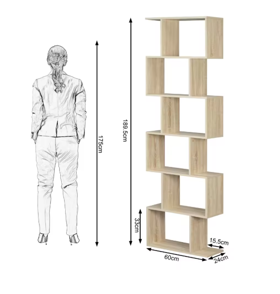 S-vormige Boekenkast met 6 Niveaus – Moderne Staande Opbergplank voor Woonkamer, Slaapkamer & Kantoor