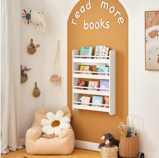 Kinderboekenkast met 4 Planken – Wandplank & Organizer voor Boeken en Decoratie