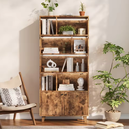 Houten Boekenkast met LED-Verlichting – Dubbele Deuren & Grote Opbergruimte 173 cm