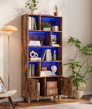 Houten Boekenkast met LED-Verlichting – Dubbele Deuren & Grote Opbergruimte 173 cm
