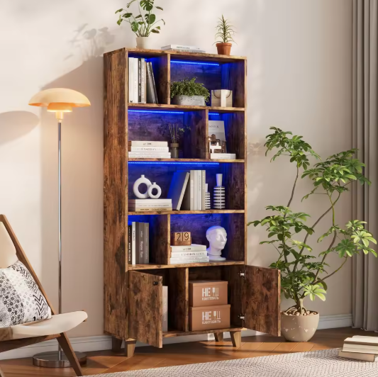Houten Boekenkast met LED-Verlichting – Dubbele Deuren & Grote Opbergruimte 173 cm