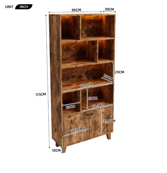Houten Boekenkast met LED-Verlichting – Dubbele Deuren & Grote Opbergruimte 173 cm