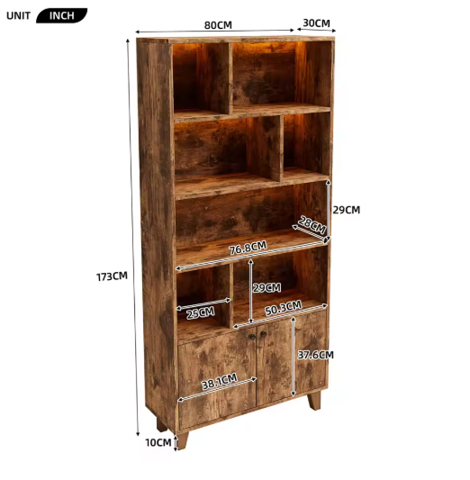 Houten Boekenkast met LED-Verlichting – Dubbele Deuren & Grote Opbergruimte 173 cm