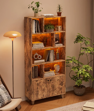 Houten Boekenkast met LED-Verlichting – Dubbele Deuren & Grote Opbergruimte 173 cm