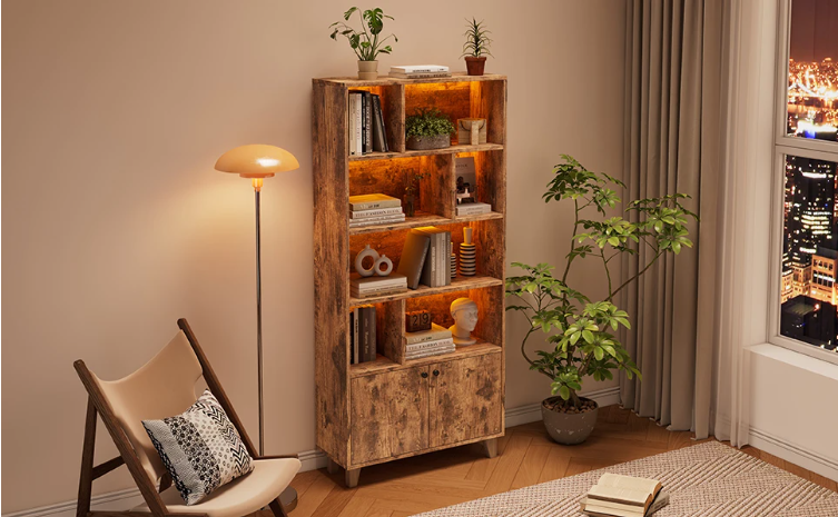 Houten Boekenkast met LED-Verlichting – Dubbele Deuren & Grote Opbergruimte 173 cm