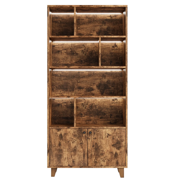 Houten Boekenkast met LED-Verlichting – Dubbele Deuren & Grote Opbergruimte 173 cm