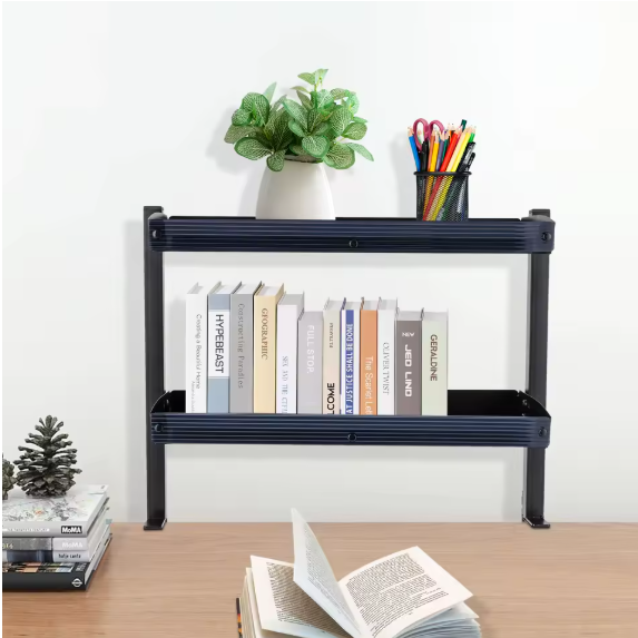 Opklembare Bureauplank met 2 Niveaus – Verstelbaar Opbergrek van Staal, Zwart