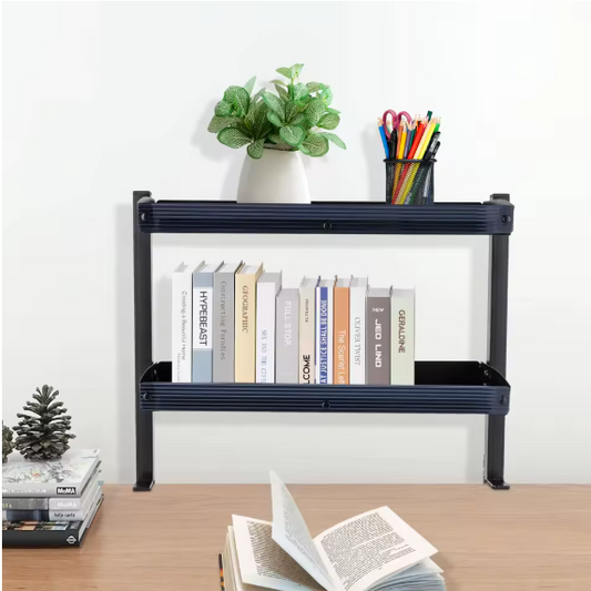 Opklembare Bureauplank met 2 Niveaus – Verstelbaar Opbergrek van Staal, Zwart