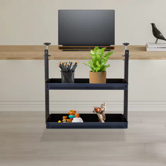Opklembare Bureauplank met 2 Niveaus – Verstelbaar Opbergrek van Staal, Zwart