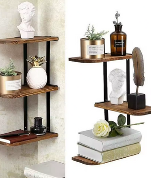 Hoekplank met 3 Lagen – Wandplank van Hout en Metaal voor Keuken, Woonkamer of Badkamer