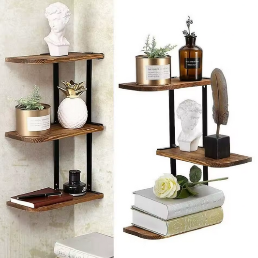 Hoekplank met 3 Lagen – Wandplank van Hout en Metaal voor Keuken, Woonkamer of Badkamer