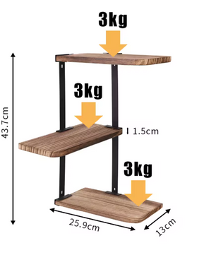 Hoekplank met 3 Lagen – Wandplank van Hout en Metaal voor Keuken, Woonkamer of Badkamer