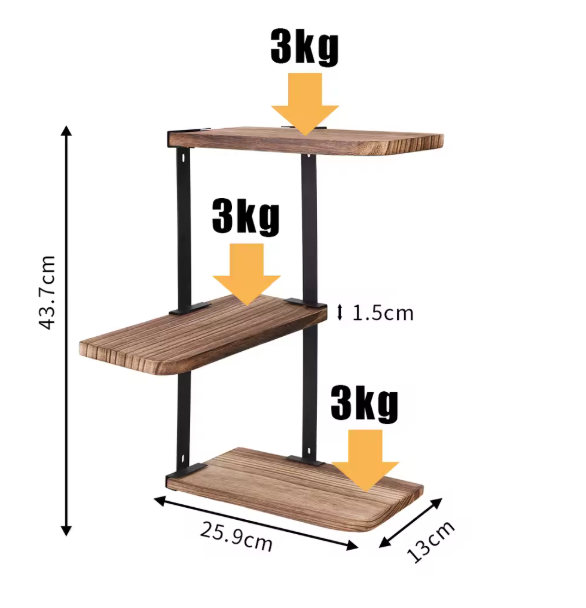 Hoekplank met 3 Lagen – Wandplank van Hout en Metaal voor Keuken, Woonkamer of Badkamer