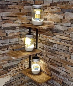 Hoekplank met 3 Lagen – Wandplank van Hout en Metaal voor Keuken, Woonkamer of Badkamer