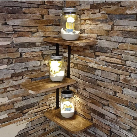 Hoekplank met 3 Lagen – Wandplank van Hout en Metaal voor Keuken, Woonkamer of Badkamer