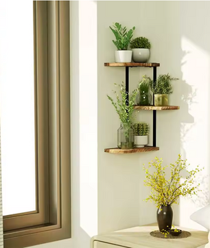 Hoekplank met 3 Lagen – Wandplank van Hout en Metaal voor Keuken, Woonkamer of Badkamer