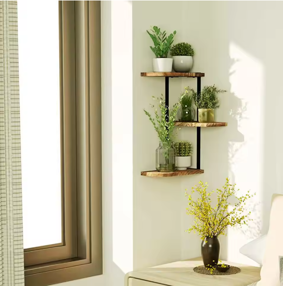 Hoekplank met 3 Lagen – Wandplank van Hout en Metaal voor Keuken, Woonkamer of Badkamer