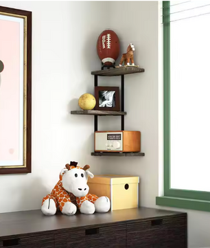 Hoekplank met 3 Lagen – Wandplank van Hout en Metaal voor Keuken, Woonkamer of Badkamer