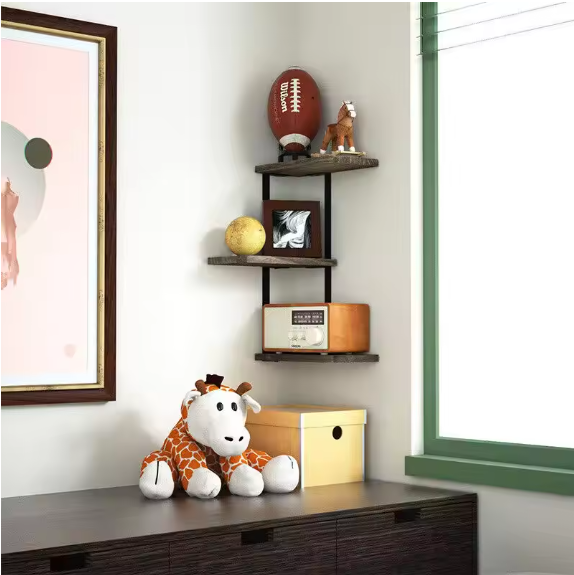 Hoekplank met 3 Lagen – Wandplank van Hout en Metaal voor Keuken, Woonkamer of Badkamer