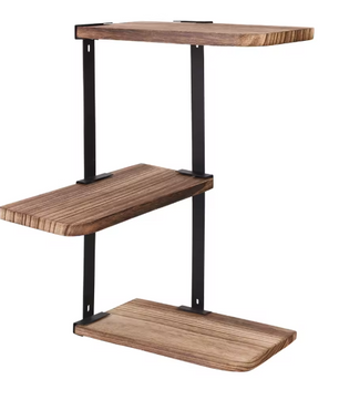 Hoekplank met 3 Lagen – Wandplank van Hout en Metaal voor Keuken, Woonkamer of Badkamer