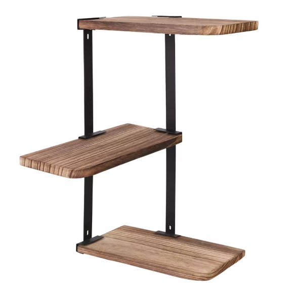 Hoekplank met 3 Lagen – Wandplank van Hout en Metaal voor Keuken, Woonkamer of Badkamer