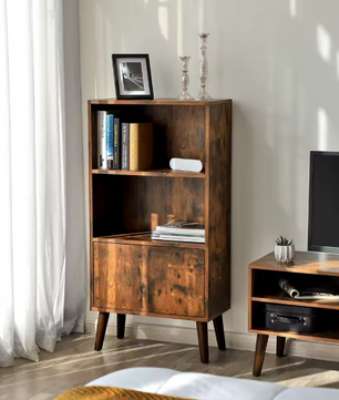 Retro Boekenkast met Deuren en 2 Open Planken – Houten Opbergkast met Massief Houten Poten, Vintage Bruin