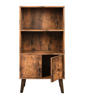 Retro Boekenkast met Deuren en 2 Open Planken – Houten Opbergkast met Massief Houten Poten, Vintage Bruin