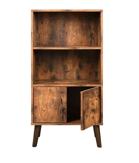 Retro Boekenkast met Deuren en 2 Open Planken – Houten Opbergkast met Massief Houten Poten, Vintage Bruin